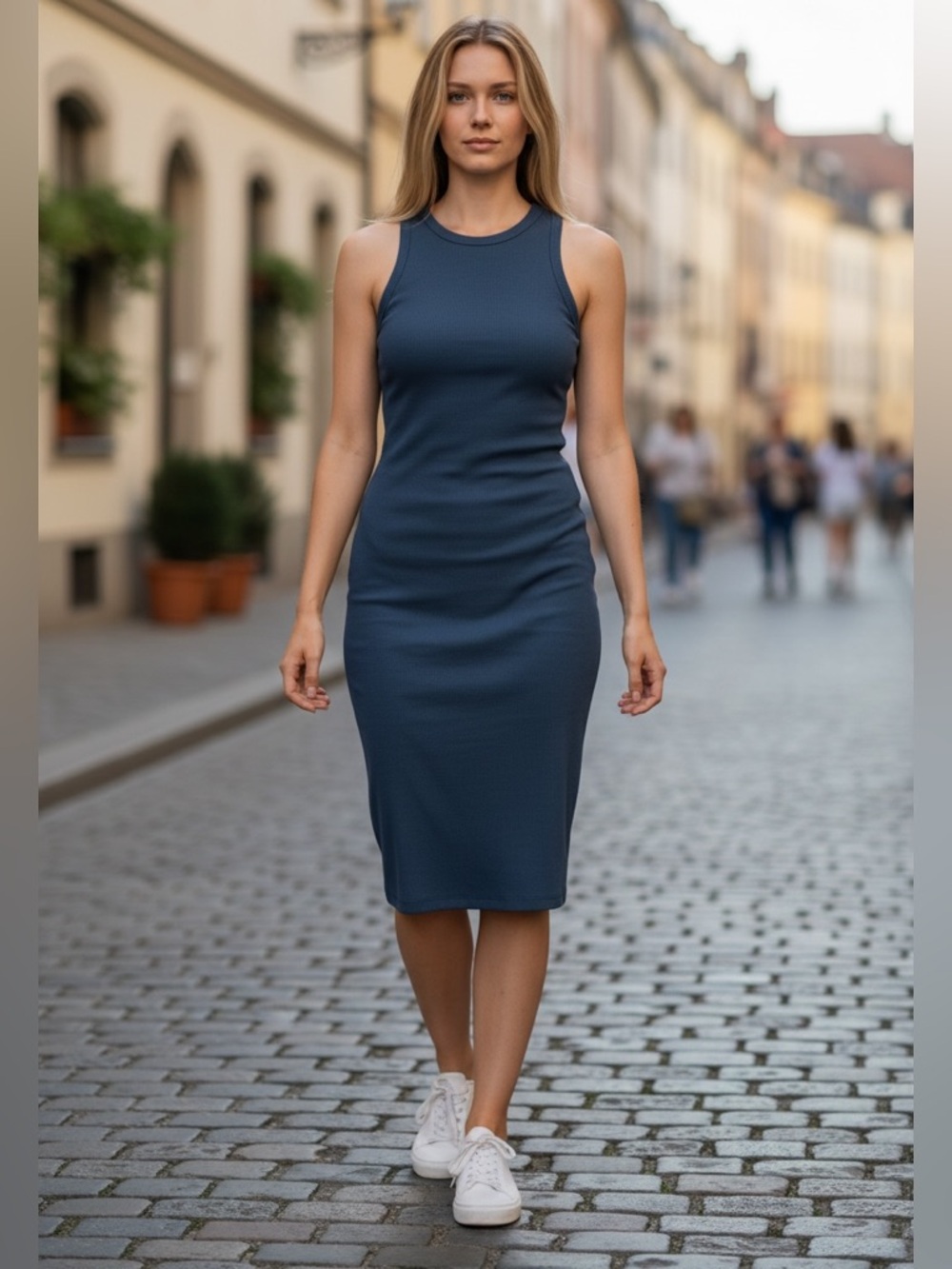7 Diamonds Navy Blue Ribbed Midi Tank Dress